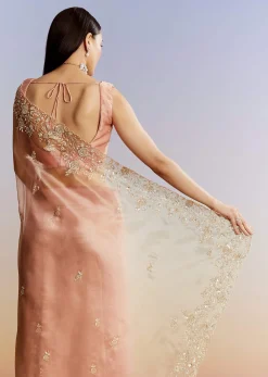 Peach Tissue Saree With Floral Moti And Cutdana Embroidery