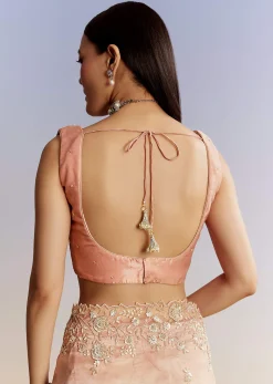 Peach Tissue Saree With Floral Moti And Cutdana Embroidery