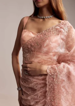 Peach Tissue Saree With Geometric Embroidery
