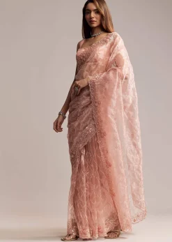 Peach Tissue Saree With Geometric Embroidery