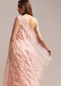 Peach Tissue Saree With Geometric Embroidery
