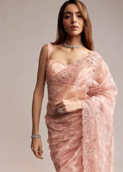 Peach Tissue Saree With Geometric Embroidery