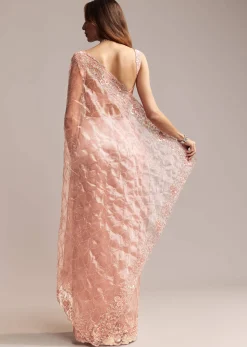 Peach Tissue Saree With Geometric Embroidery
