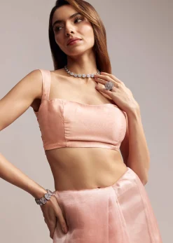 Peach Tissue Saree With Geometric Embroidery