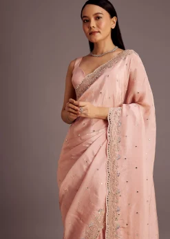 Peach Tissue Saree With Mirror Embroidered Border