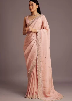 Peach Tissue Saree With Mirror Embroidered Border