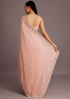 Peach Tissue Saree With Mirror Embroidered Border
