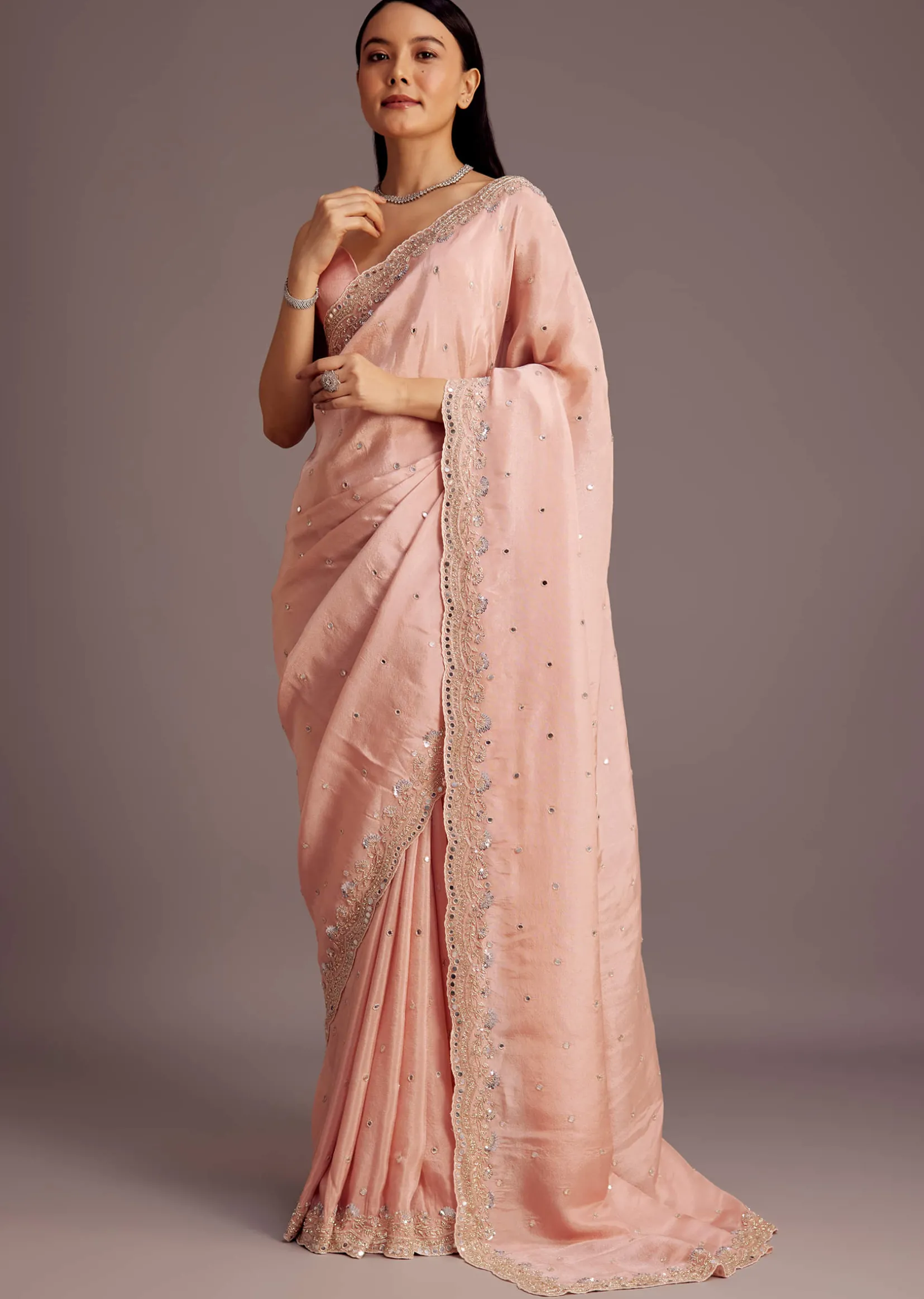 Peach Tissue Saree With Mirror Embroidered Border