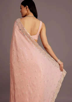 Peach Tissue Saree With Mirror Embroidered Border
