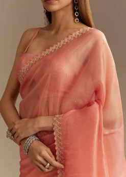 Peach Tissue Saree With Stones Cutdana Embellishments And Scallop Border