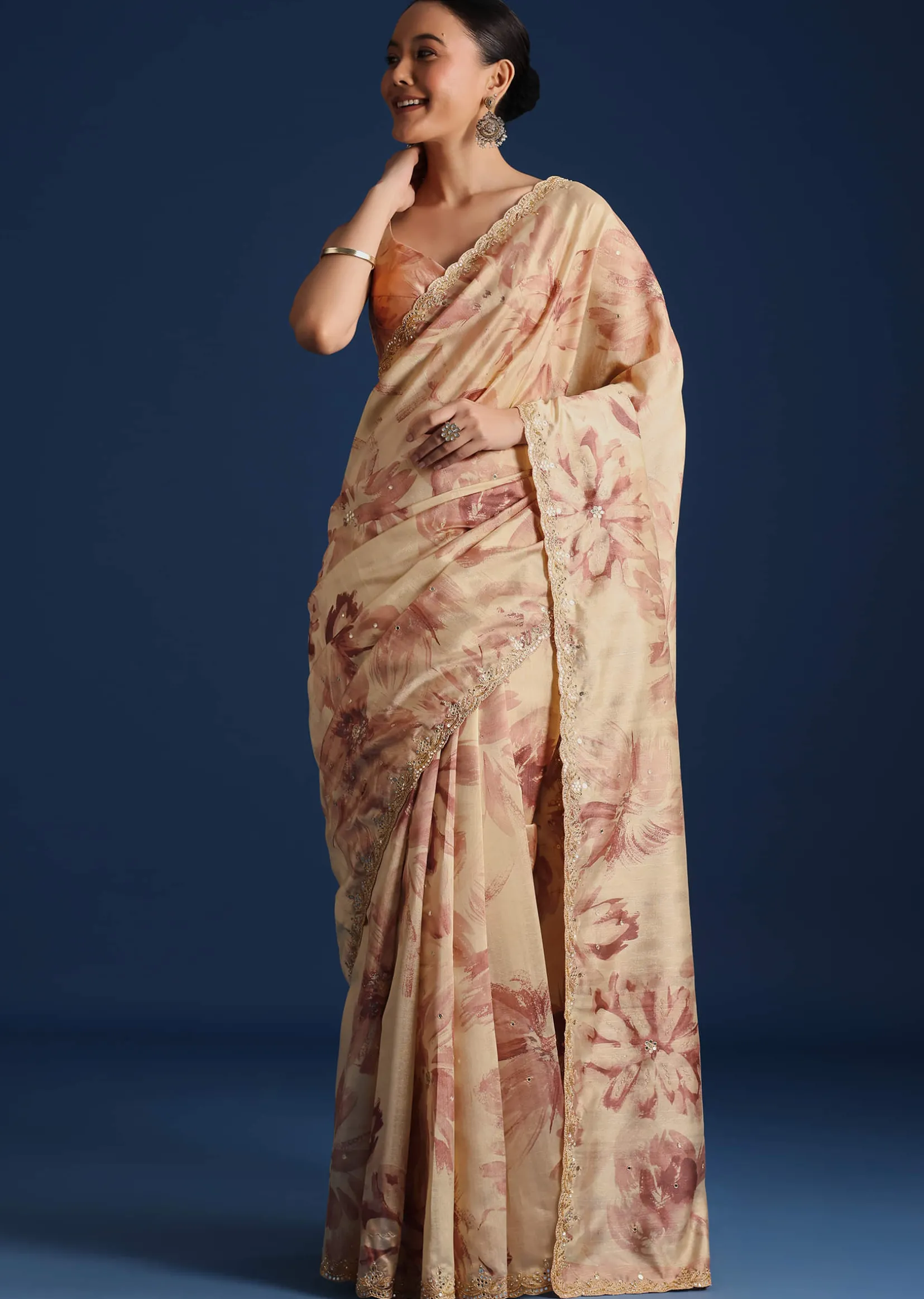 Peach Tussar Silk Floral Printed Saree With Mirror Embroidery