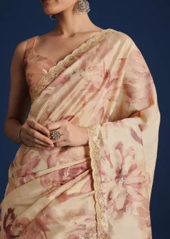 Peach Tussar Silk Floral Printed Saree With Mirror Embroidery