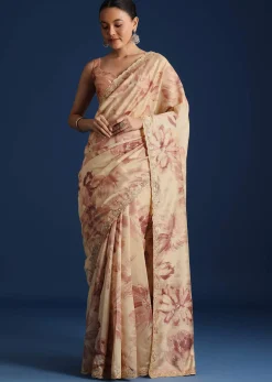 Peach Tussar Silk Floral Printed Saree With Mirror Embroidery