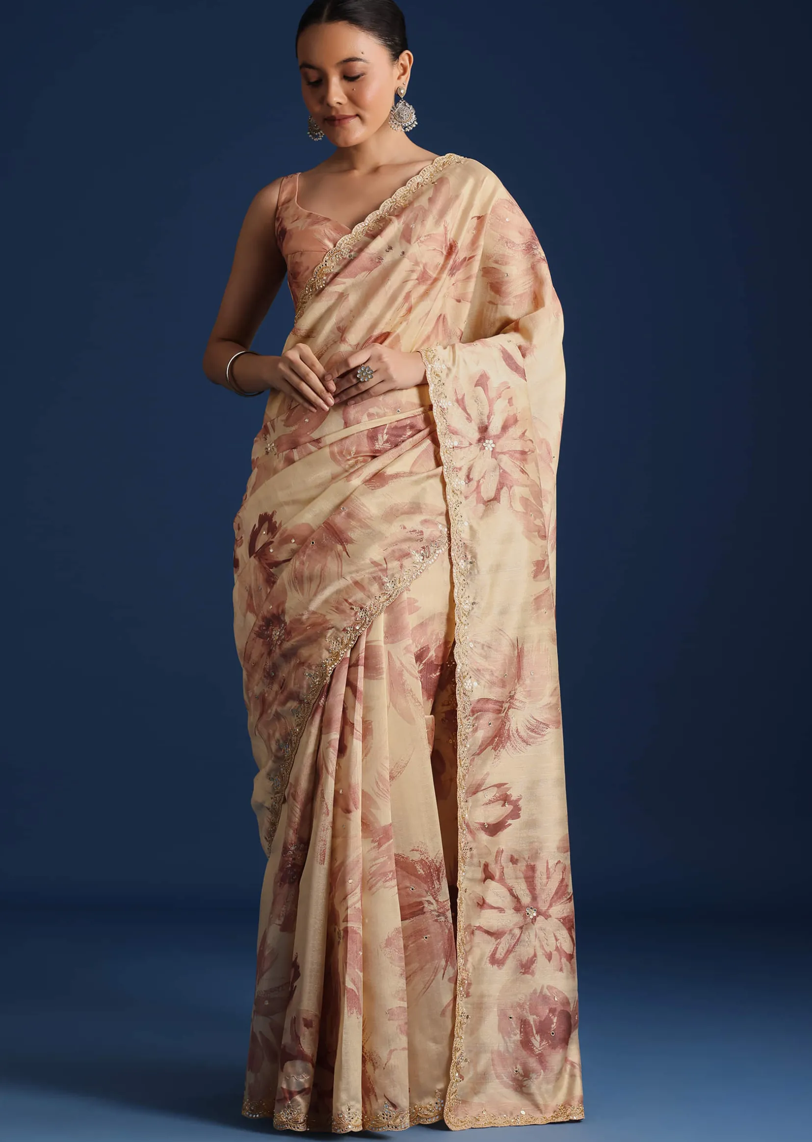 Peach Tussar Silk Floral Printed Saree With Mirror Embroidery