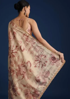 Peach Tussar Silk Floral Printed Saree With Mirror Embroidery