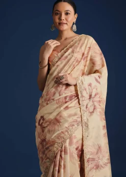 Peach Tussar Silk Floral Printed Saree With Mirror Embroidery