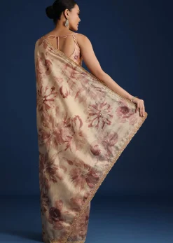 Peach Tussar Silk Floral Printed Saree With Mirror Embroidery