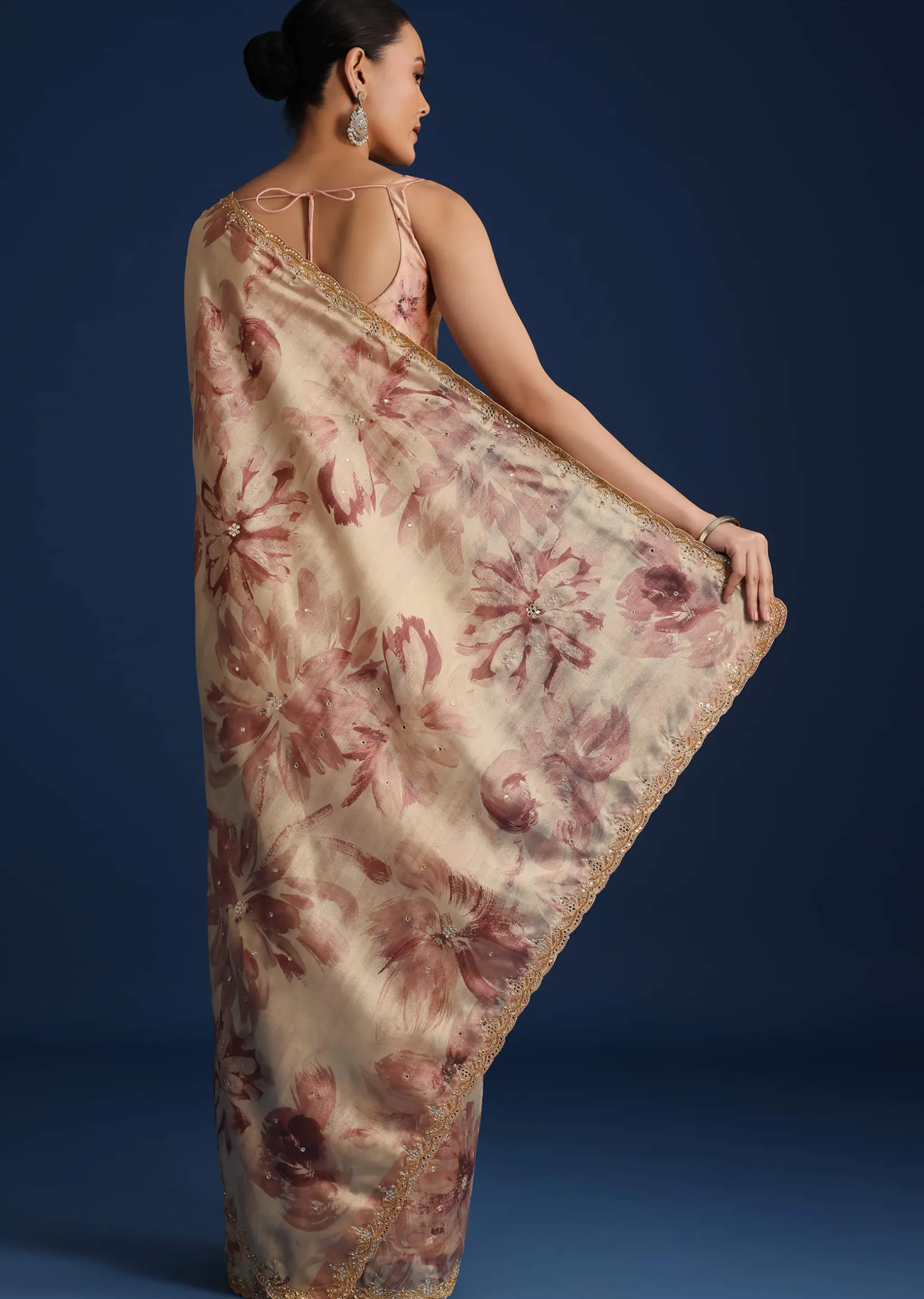Peach Tussar Silk Floral Printed Saree With Mirror Embroidery