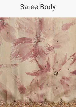 Peach Tussar Silk Floral Printed Saree With Mirror Embroidery