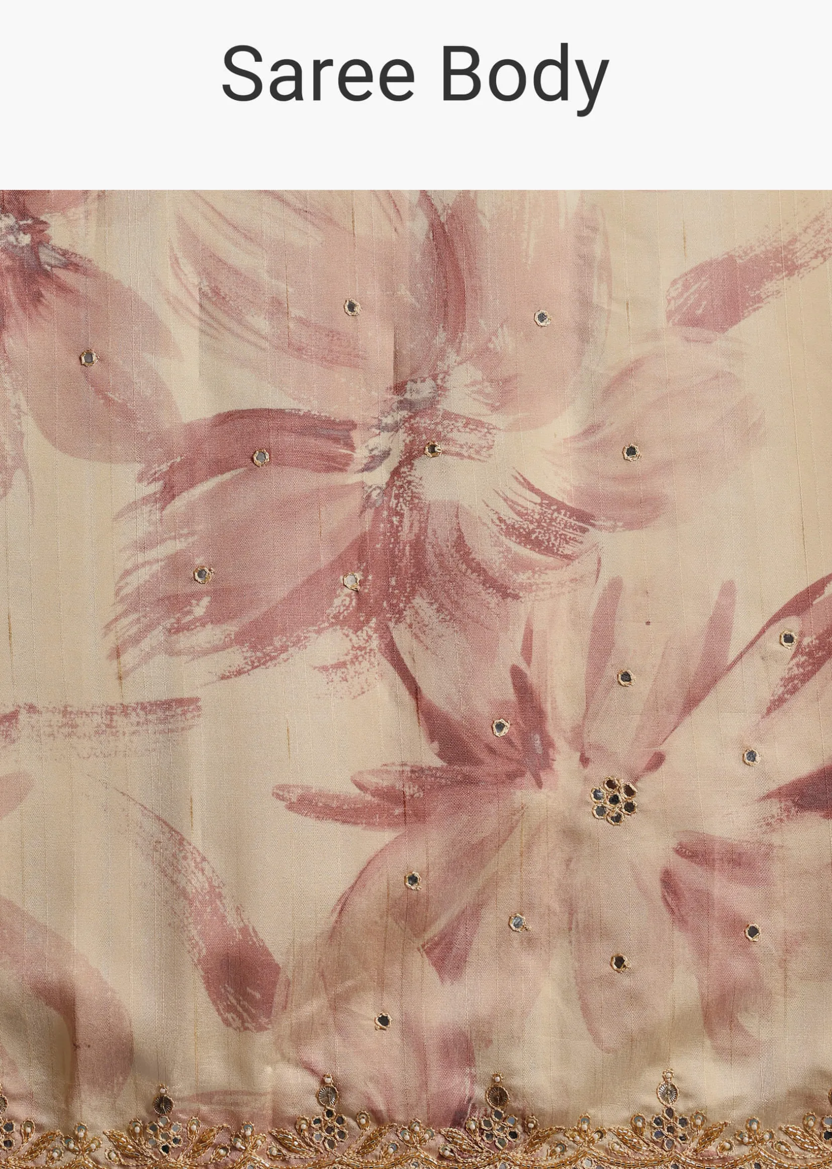 Peach Tussar Silk Floral Printed Saree With Mirror Embroidery