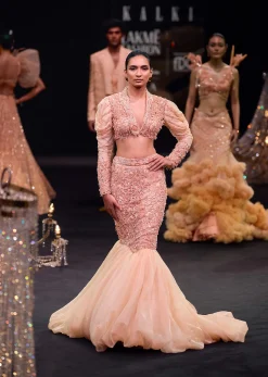 Peach Zardosi Fishcut Skirt With Embroidered Short Sleeve Jacket
