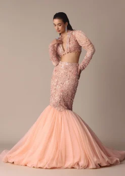 Peach Zardosi Fishcut Skirt With Embroidered Short Sleeve Jacket
