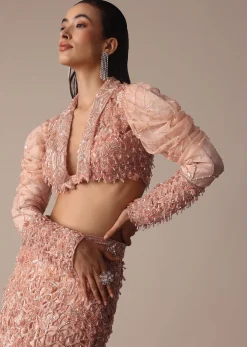 Peach Zardosi Fishcut Skirt With Embroidered Short Sleeve Jacket