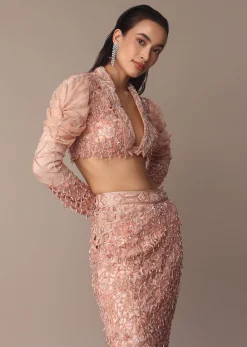 Peach Zardosi Fishcut Skirt With Embroidered Short Sleeve Jacket