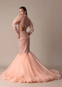 Peach Zardosi Fishcut Skirt With Embroidered Short Sleeve Jacket