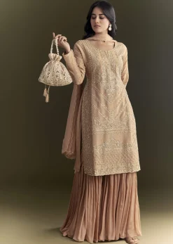 Peach Zardosi Moti Kurta And Cutdana Scallop Bordered Dupatta