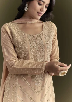 Peach Zardosi Moti Kurta And Cutdana Scallop Bordered Dupatta