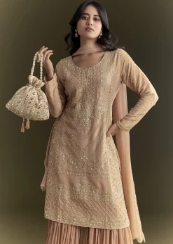 Peach Zardosi Moti Kurta And Cutdana Scallop Bordered Dupatta