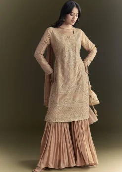 Peach Zardosi Moti Kurta And Cutdana Scallop Bordered Dupatta