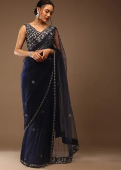Peacoat Blue Saree With The Crop In Stones Embellishment