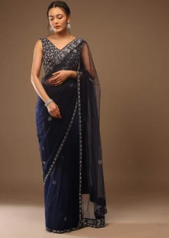 Peacoat Blue Saree With The Crop In Stones Embellishment