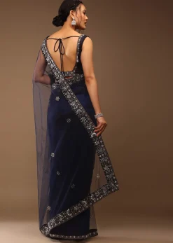 Peacoat Blue Saree With The Crop In Stones Embellishment