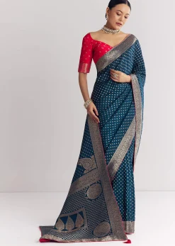 Peacock Blue Dola Silk Saree With Butti Work