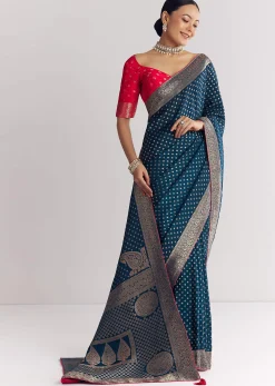 Peacock Blue Dola Silk Saree With Butti Work