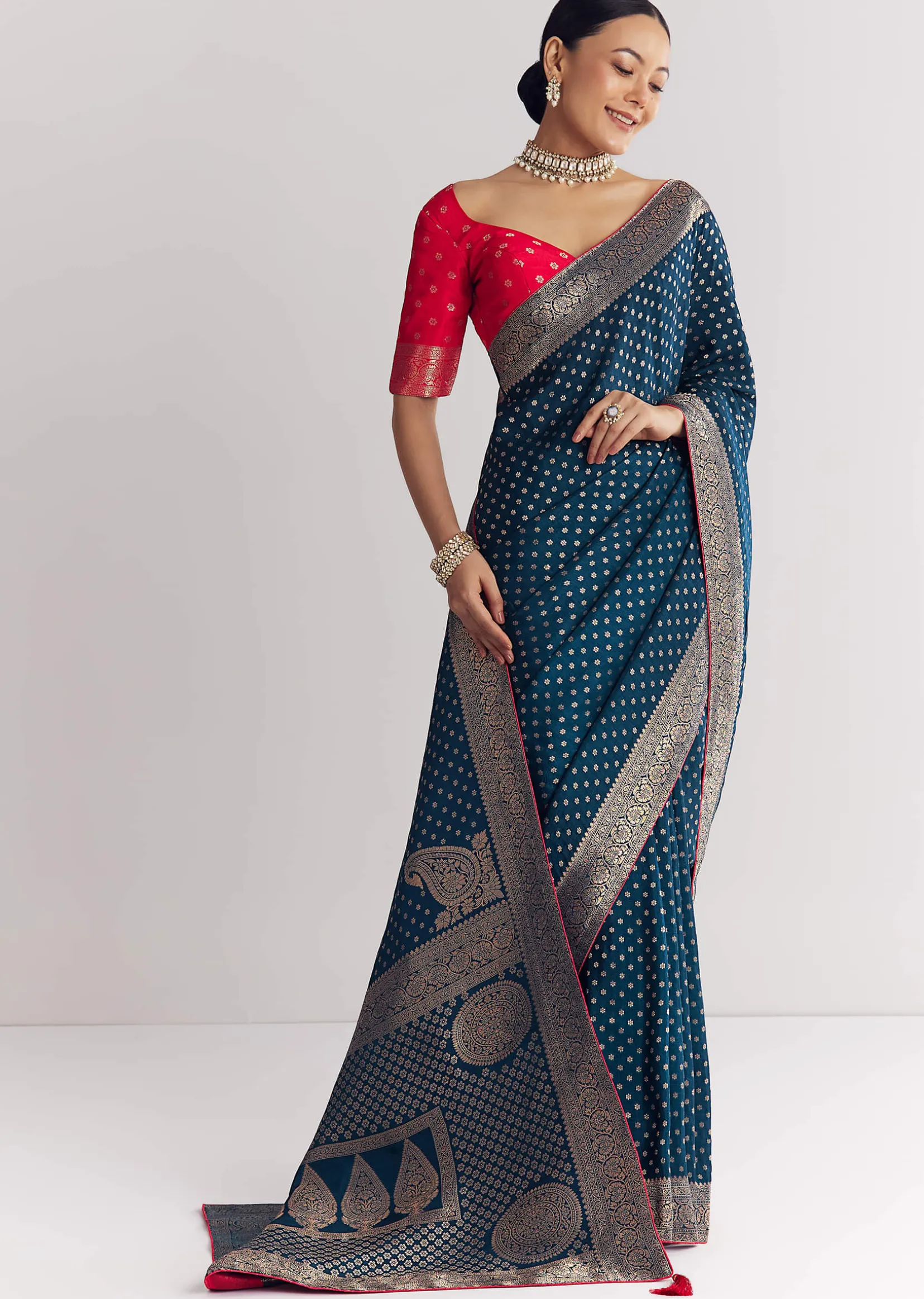 Peacock Blue Dola Silk Saree With Butti Work