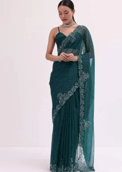 Peacock Blue Embroidered Saree With Unstitched Blouse