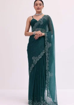 Peacock Blue Embroidered Saree With Unstitched Blouse