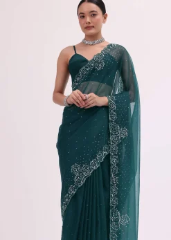 Peacock Blue Embroidered Saree With Unstitched Blouse