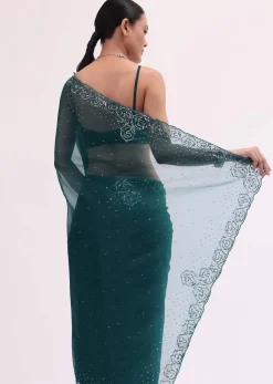 Peacock Blue Embroidered Saree With Unstitched Blouse