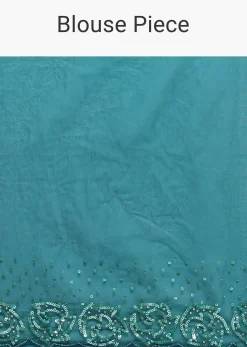 Peacock Blue Embroidered Saree With Unstitched Blouse