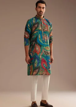 Peacock Blue Multi Color Silk Abstract Printed Kurta Set