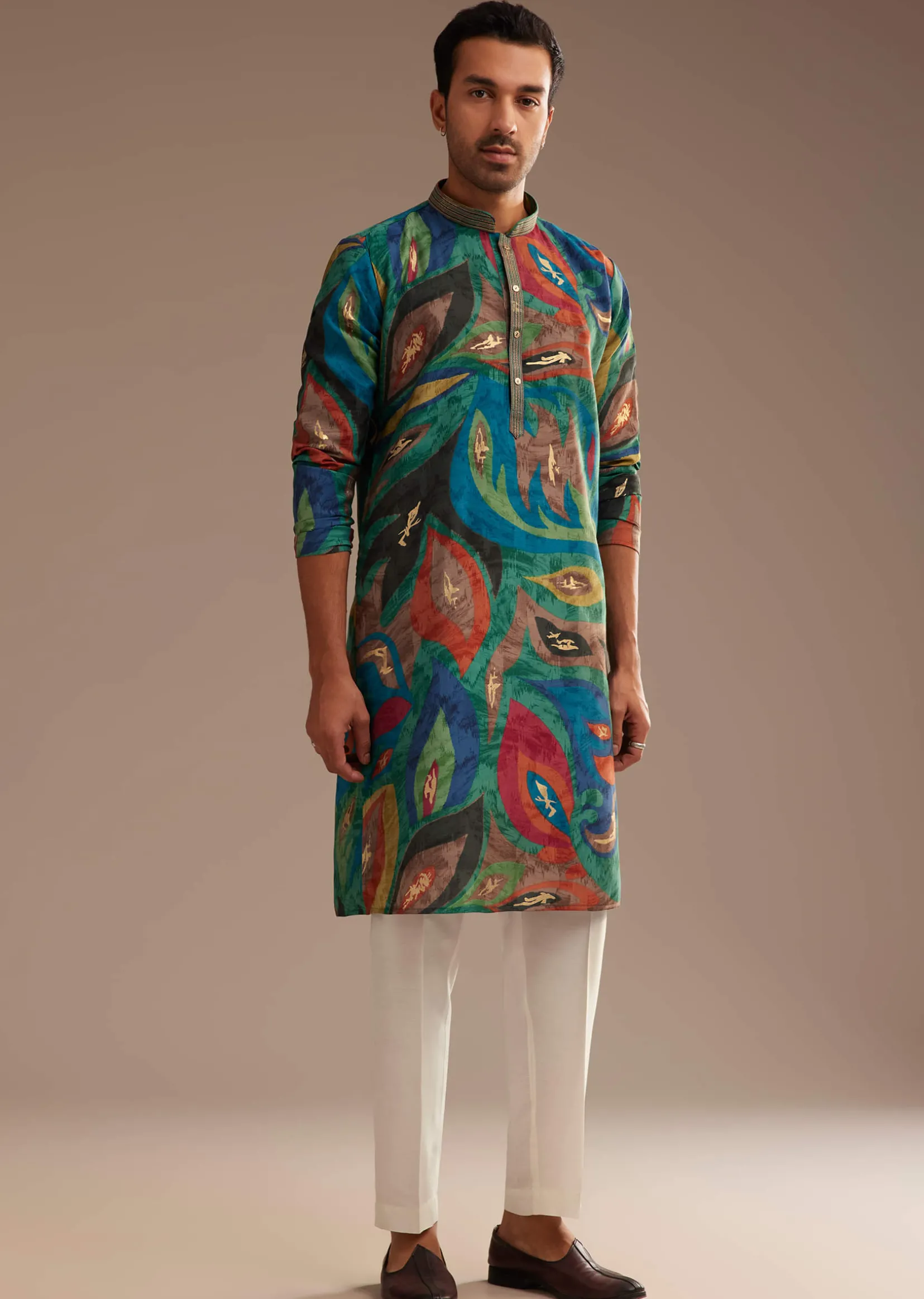 Peacock Blue Multi Color Silk Abstract Printed Kurta Set