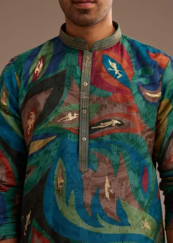 Peacock Blue Multi Color Silk Abstract Printed Kurta Set