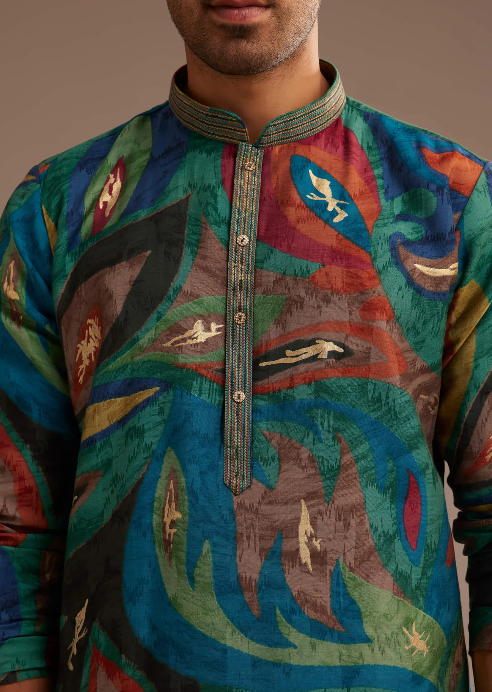 Peacock Blue Multi Color Silk Abstract Printed Kurta Set