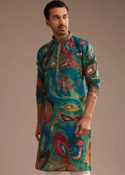 Peacock Blue Multi Color Silk Abstract Printed Kurta Set