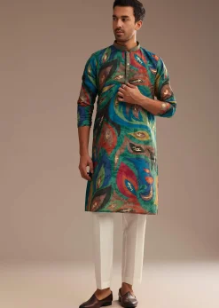 Peacock Blue Multi Color Silk Abstract Printed Kurta Set